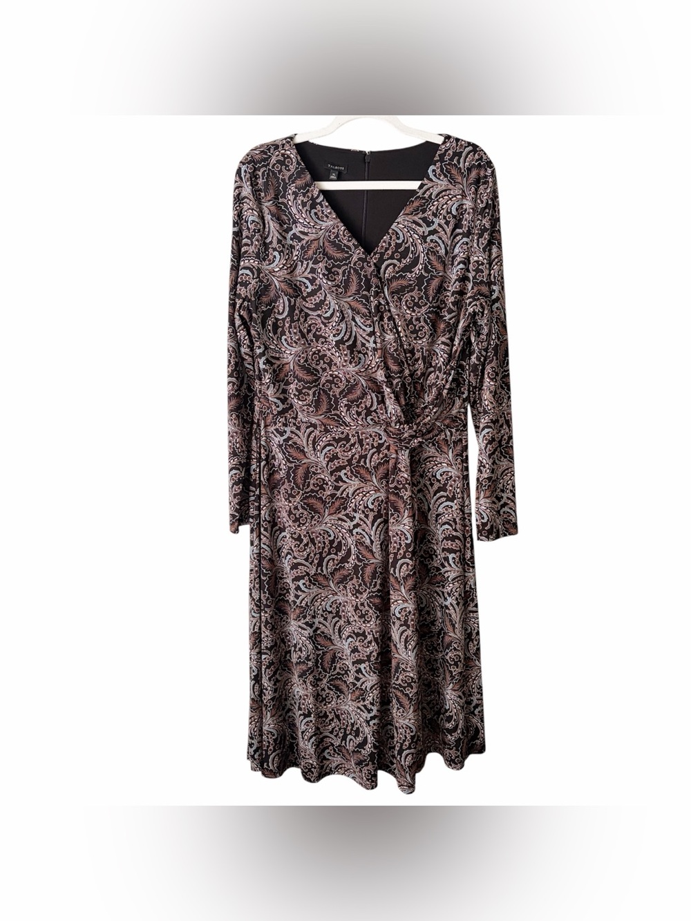 Talbots | Faux Wrap Knee Length Dress Paisley V-neck 3/4 Sleeves Brown XL